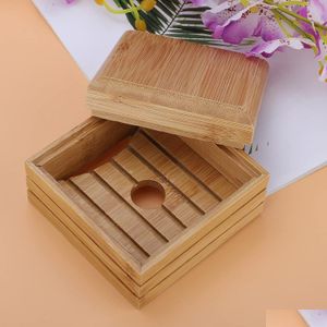 Soap Dishes Natural Bamboo Square Storage Boxes Wooden Dish Tray Handmade Case With Lid For Holder Kitchen Bathroom Shower Drop Delive Dh56H