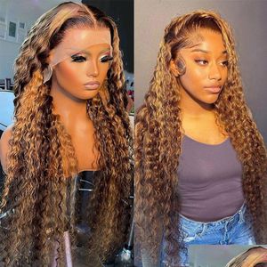 Synthetic Wigs Honey Blonde Deep Curly Lace Front Wig For Black Women Brazilian Human Hair Highlight 13X4 Frontal Hd Transparent Drop Dhjxx