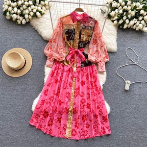 Casual Dresses 2023 Spring Summer Vintage Floral Print Stand High Mock Neck Belt Long Sleeve Women Ladies Casual Party Maxi Shirt 2113