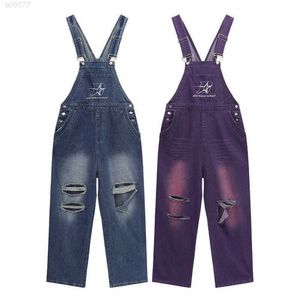 High Street Letter Embroidery Workwear Denim Strap Pants Fashion Brand Loose Washable Broken Hole Blast Jumpsuit62o1