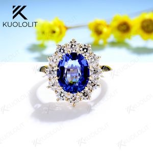 Wedding Rings Kuoit Princess Diana 3CT Sapphire Ring for Women Solid 14K Yellow Gold LabGrown Memory Engagement 230915