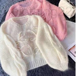 Designer Womens Sweaters Korean Fashion Lantern Sleeve Soft Mohair O Neck tröja Kvinnor Autumn and Spring Pullover Long Knit Top 3