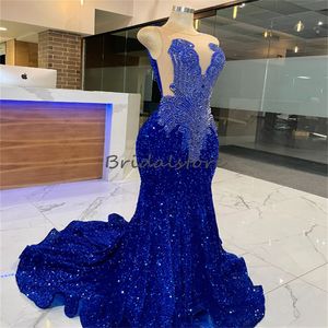 Luxury Blue Sequin Crystal Prom Dress For Black Girls 2023 Mermaid Plus Size South African Party Dress Elegant Formal Evening Birthday Pageant Gowns Vestios Gala