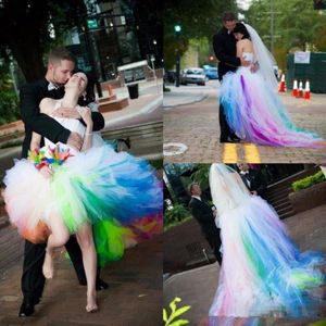 2021 Rainbow Wedding Dresses Colorful Tulle Sweep Train Ruffles High Low Halter Sweep Train Vintage Wedding Gown vestido de novia293F