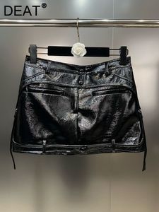 Röcke DEAT Streetwear 2023 Herbst Taste Patchwork Gefälschte Tasche Kordelzug Design Rock Für Frauen Hohe Taille Leder 11XX5606 230919