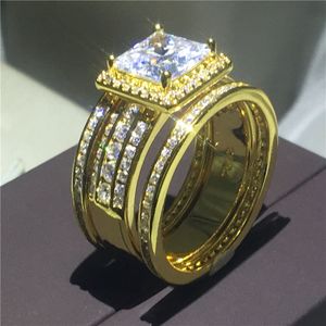 Handmade Engagement Wedding Band Rings set for women men AAAAA zircon cz Yellow Gold Filled Promise ring Jewelry