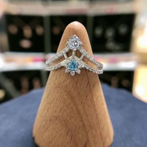 Pierścienie klastra Pierścień Lamoon dla kobiet Korona Korona Naturalny Blue Topaz 925 Srebrny biały złoto Pleted Fine Jewelry LMRI078