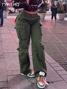 Kvinnor Pants Capris Army Green Cargo Pants Baggy jeans kvinnor mode streetwear fickor rak hög midja avslappnad vintage denim byxor overall 230918