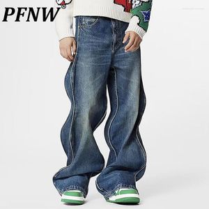 Jeans masculinos pfnw outono reto solto de hip hop torcido onda listrada high street moda desgastada calças de nicho lavadas 28a3526
