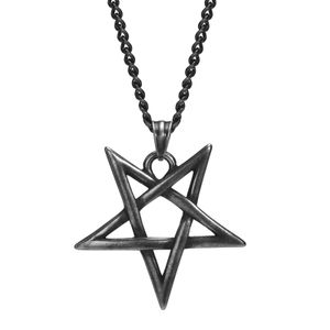 Mens Stainless Steel Five-pointed Star Pendant Jewish Witchcraft Necklace Rolo Chain 24inch Vintage Black PN-1368GR