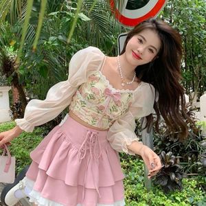 Women's Blouses Women Slim Floral Crop Tops Sweet Minimalist All-match Female Puff Sleeve French Style Cozy Spring Tender