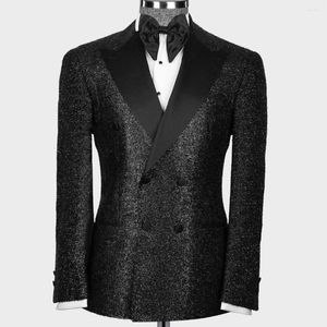 Erkekler Takip Edilmiş 2 Parçalı Sequin Blazer Pantolon Çift Kruvaze Satin Tepeli Yaku Resmi Çalışma Plus Boyutu Smokin Özel Yapımı