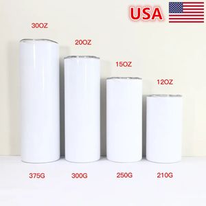 USA Warehouse Sublimation Straight Tumbler Blank Rostfritt stål Tumbler Diy Straight Cups Skinny Tumbler Beer Coffee Mugs Coffee Mugs 12oz 15oz 20oz 30oz