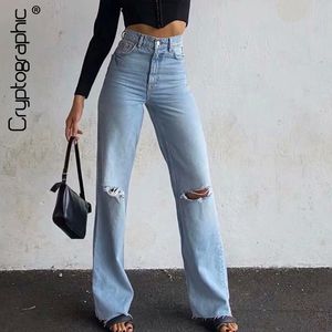 Women's Jumpsuits Rompers Cryptographic Fashion Denim Ripped Distressed Jeans Woman High Waist Flare Pants Bottom Streetwear Trousers Ladies 230919