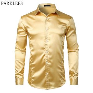 Gold Smooth Silk Satin Dress Shirt Men Slim Fit Long Sleeve Chemise Homme Casual Wedding Club Party Prom Tuxedo Shirt Male S-2XL223y