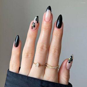 Falska naglar 24pc mandel falskt hjärtformat mönster nagel glitterpulver franska spetsiga huvudtryck på fullt täcktips