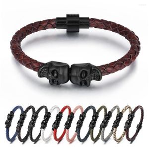 Braccialetti con ciondoli Bracciale da uomo Moda europea e americana in pelle punk teschio intrecciato con fibbia magnetica