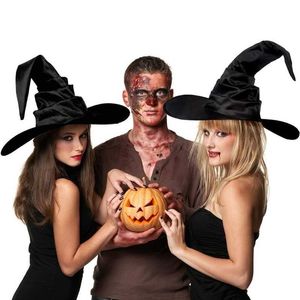 Unisex Halloween abgewinkelter Hexenhut schwarz Falten Zauberer Männer Frauen Party Kopfbedeckung Cosplay Cap Festivals Requisiten Dekor 230920