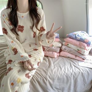 Женская одежда для сна, милые пижамы, бархатный комплект, костюм из 2 предметов, домашняя одежда на зиму и осень с круглым вырезом, топы и широкие брюки, повседневный пуловер
