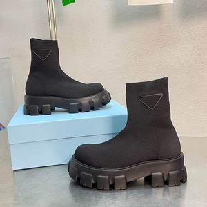 Womens Monolith knit booties designer Platform Knitted upper Ankle Boots Three-dimensional rubber triangle logo 1T115 Lug tread Fashion shoes