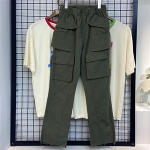 Rel Pics Multi-pockets Straight Flare Pants Mens High Street Elastic Waist Solid Loose Casual Cargo Hip Hop Baggy Trousers3014