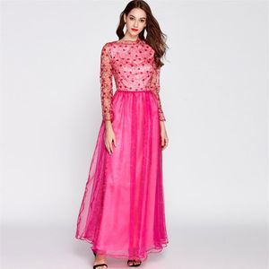 Women's O Neck Long Sleeves Embroidery Sequined Floral Patchwork Elegant Prom Fashion Maxi Designer Party Runway Dresses286x