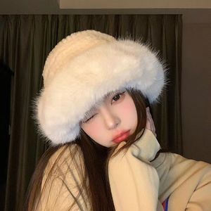 Wide Brim Hats Bucket Winter Fluffy Faux Mink Fur Hat Women Warm Thick Plush Beanies Lady Korea Luxury Fashion Panama Fisherman Cap 230915