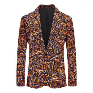 Herrdräkter modetryck kostym jacka långärmad enkelknapp orange röd manlig bar ktv dansparty casual smal fit blazer rockar