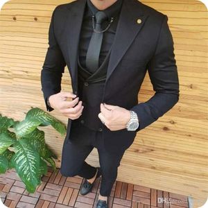 Czarne mężczyzn garnitury na ślub ślubne Tuxedos Groomsmen garnitury 3cece Płaszcz Spodnie kamizelki szerokie szczytowe lapy szczupły ternno Masculino PR235z