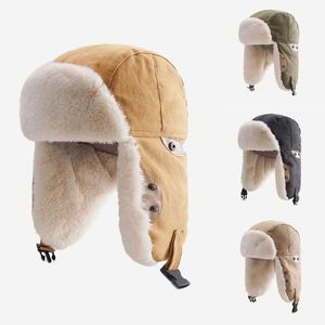 Zimowe czapki earflap bombowce bawełniane jagnięce włosy ochrona ucha Rosyjska Plush Grunts Winterproof Mountaf -Ski Pilot Cap 230920