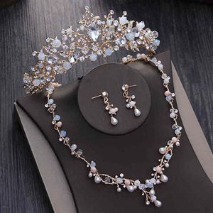 Noble Crystal Beads Pearl Gold Bridal Sets Rhinestone Diadem Tiaras Necklace Earrings Baroque Crown Wedding Jewelry Set243T