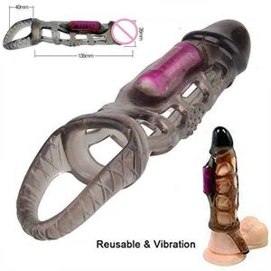 大人のおもちゃのマッサージャー振動ペニススリーブケースエクステンションエンハンスメントヘッダー膣刺激再利用可能なカップル男性