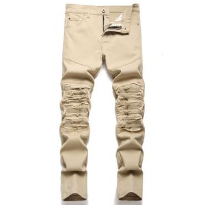 Erkekler Jeans Moda Biker Pantolon İnce Uygun Pileli Motosycle Denim Pantolon Marka Tasarımcısı Yüksek Elastik Khaki Yırtıcı 230919