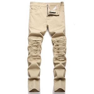 Men S Jeans Fashion Biker Spodnie Slim Fit Plisted Motocycle Denim Spodery Designer Wysoki Elastic Khaki Ripped 230919