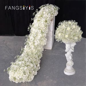 Decorazioni natalizie Rosa bianca Gypsophila Baby Breath Disposizione di file di fiori Sfondo di nozze Prop Tavolo Fiori Runner Evento Festa Arco floreale 230919