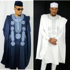 Африканские мужские костюмы Dashiki Bazin Riche, топы, рубашка и брюки, комплект из 3 предметов с вышивкой, темно-синий, черный, белый, африканская мужская одежда robe302Y