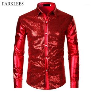 Männer Casual Hemden Rot Metallic Pailletten Glitter Hemd Männer 2021 Disco Party Halloween Kostüm Chemise Homme Bühne Performance245b