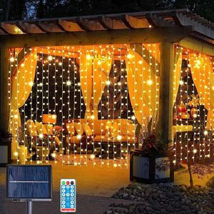 LED -strängar Party 3x3m Solar Curtain String Light Waterproof 300LED SOLAR ICICLE Light Christmas Waterfall Light for Outdoor Garden Backyard Decor HKD230919