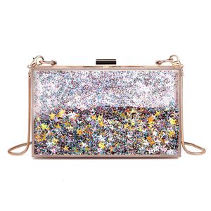 Kvällspåsar Transparent Rectangular Liquid Quicksand Acrylic Clutch Bag Women Axel Sequins Star Party Clear Purse Handbag 230919