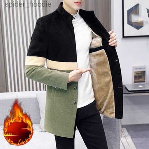 Men's Wool Blends Winter Color Stand Collar Men's Suit Medium Length Plush Thickened And Slim Woolen Blazer Long Thick Warm Jacket Men Trench Coat L230919