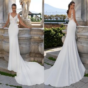2021 New Double V-neck Mermaid Wedding Dress Bohemian Court Train Lace Bridal Gown Vestido de Novia262o