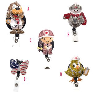 10 teile/los Sparkly Strass Kristall Krankenschwester Abzeichen Reel Arzt Symbol Versenkbare Tier Hund Schmetterling Schneemann Form Abzeichen R342d