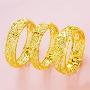 Dragon Phoenix Bangle Bracelet for Women Lady Wedding Party Daily 18K Yellow Gold Filled Dubai Fashion Jewelry Gift 14mm 16mm 20mm202G