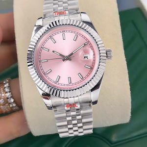 Iced Out Diamond Roman Pink Dial Watch Woman Solid Fine rostfritt stål Mens kalender Mekanisk automatisk rörelseklocka