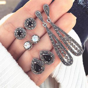 Stud Earrings Vintage 4 Pairs/Set Women Crystal Bohemian Earring Black For Boucle D'oreille Jewelry Opal Brincos Wholesale