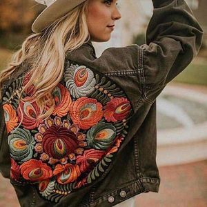 Kurtki damskie jsxdhk streetwear kwiatowy haft dżinsowy płaszcz dżinsowy płaszcz vintage wiosenny jesienna jesień Zarwiń luźne kowboj