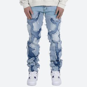 Jeans da uomo High Street Vibe Style Patchwork Pantaloni sfilacciati per uomo Pantaloni retrò in denim larghi strappati con foro lavato oversize 230919