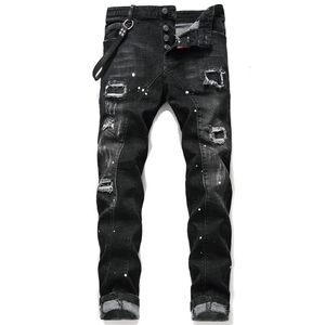 New Mens Badge Rips Stretch Black Jeans Fashion Designer Slim Fit Washed Motocycle Denim Pants Panelled Hip HOP Trousers300G