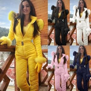 Skiing Suits Winter Women's Hooded Jumpsuits Parka Cotton Padded Warm Sashes Ski Suit Straight Zipper Casual Tracksuits 230918