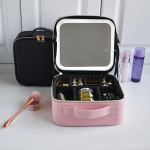 Cosmetic Bags Cases Smart LED Makeup bag For Women With Mirror Compartments Waterproof PU Leather Travel Case y230919